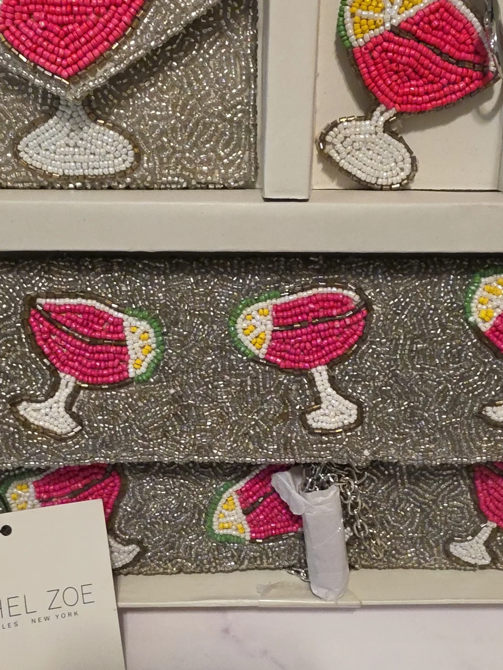 Rachel Zoe Silver Beaded Cocktail Clutch Set with Pink Cocktail Motifs Brand New